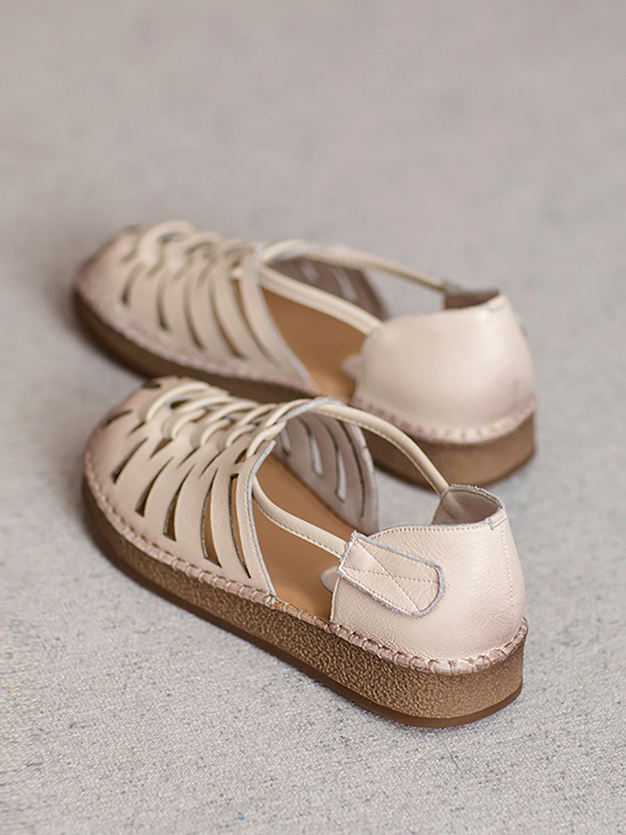 Leather Sandals Heel Low Weave