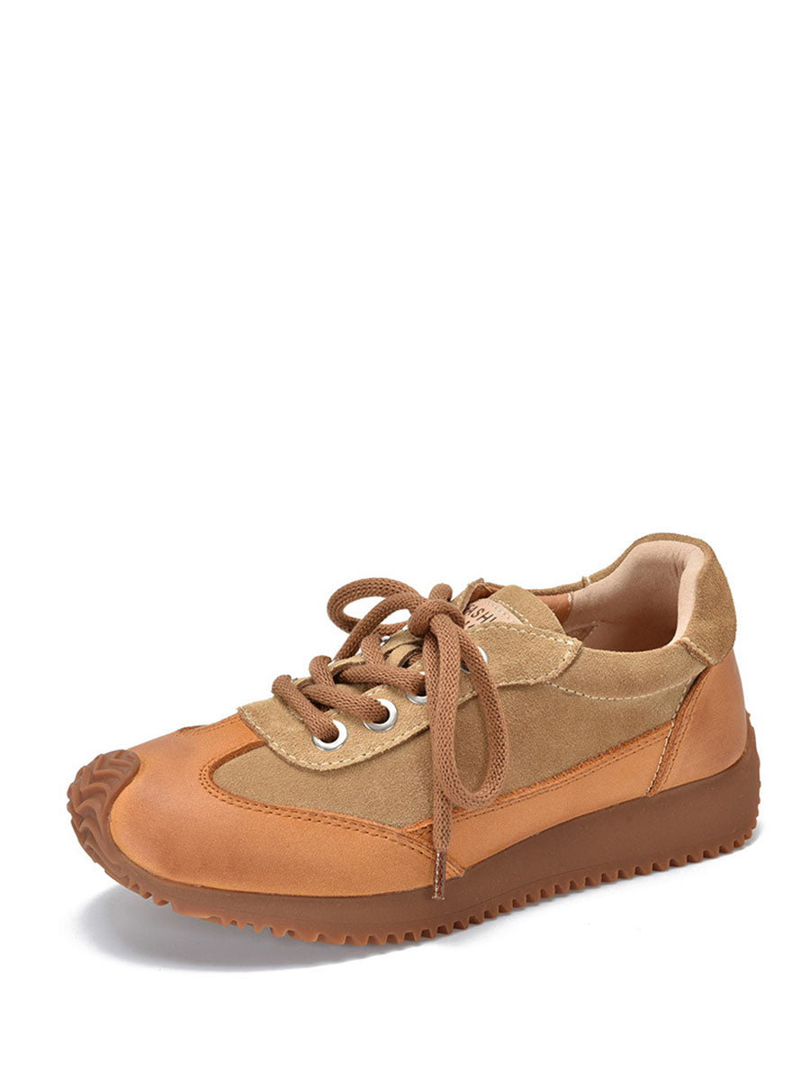 Casual Leather Colorblock Strap Mid Heel Sport Shoes