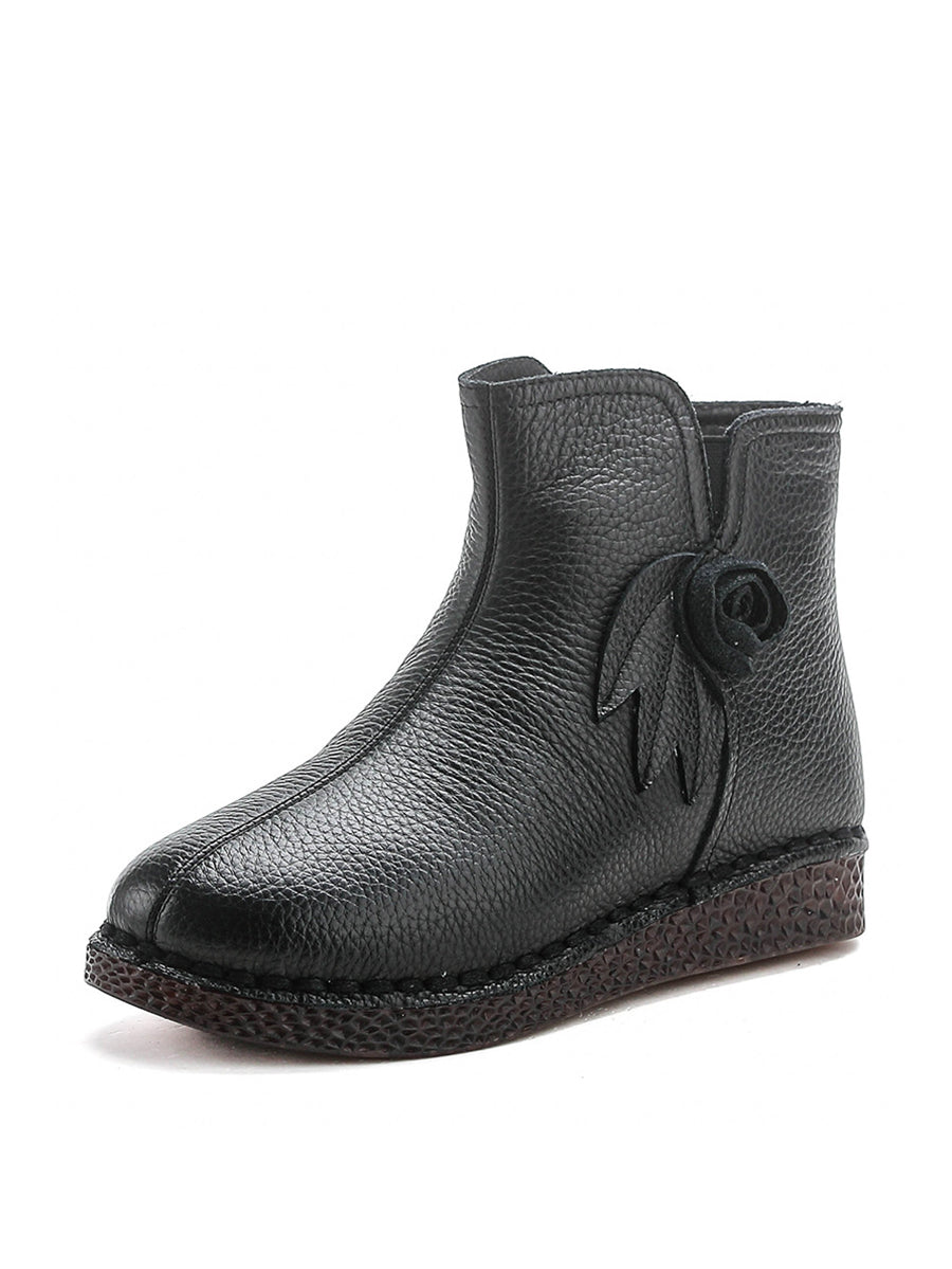 Vintage Genuine Leather Flower Flat Ankle Boots