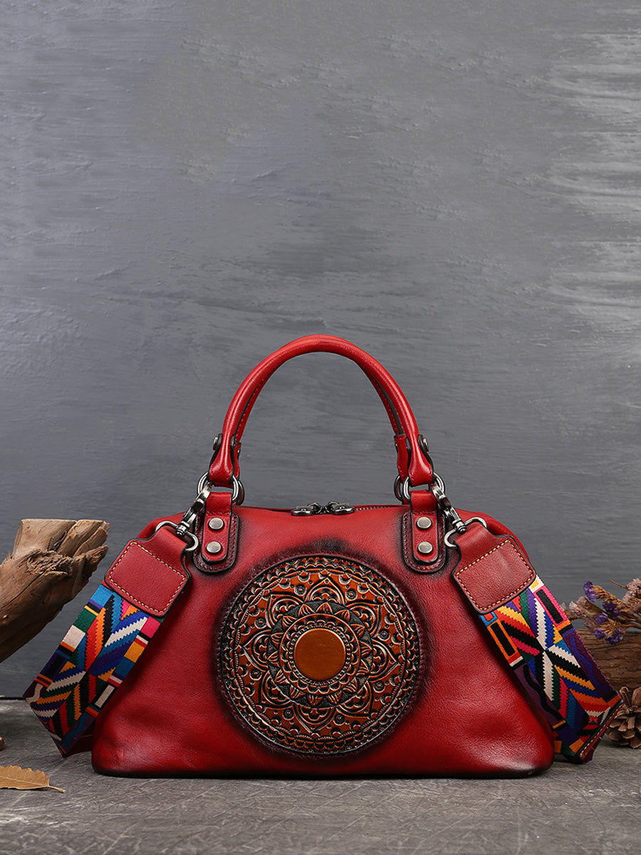 Leather Flower Spliced Capacity Hand Bag Shoulder Bag