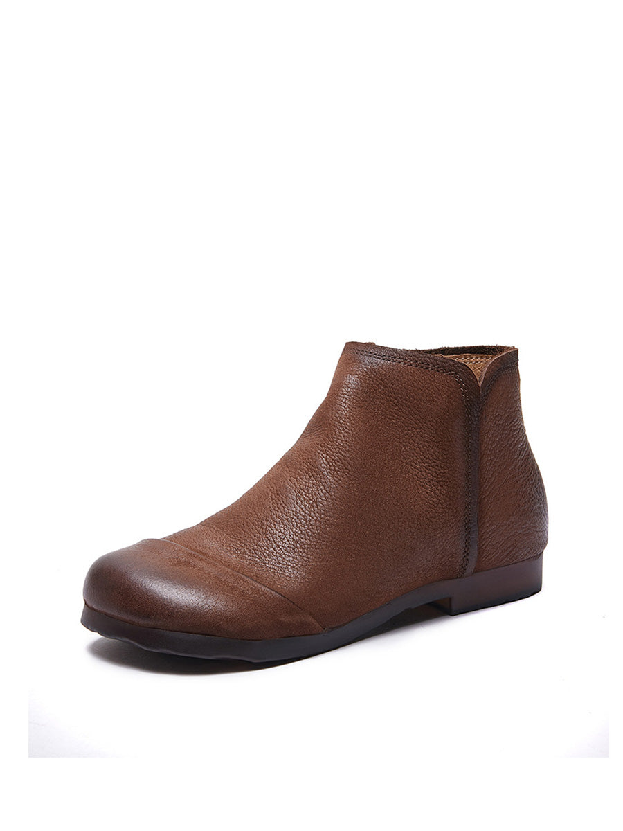 Solid Genuine Leather Winter Zipper Low Heel Boots