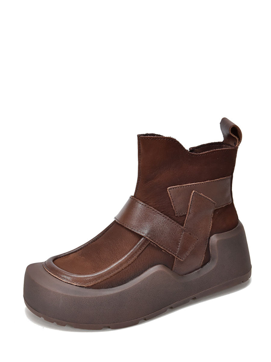 Genuine Leather Spliced Platform Boots