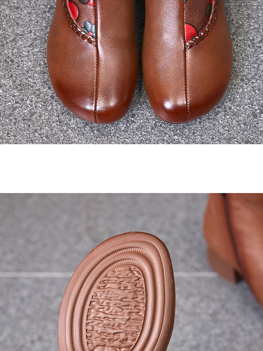 Ethnic Winter Flower Spliced Leather Mid-Heel Boots