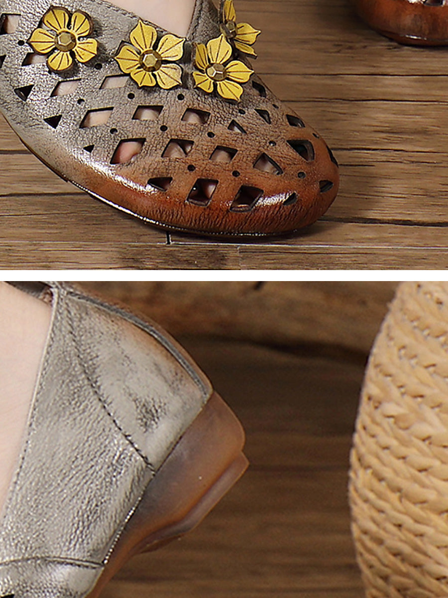 Heel Flower Hollow Low Shoes Leather Out Ethnic