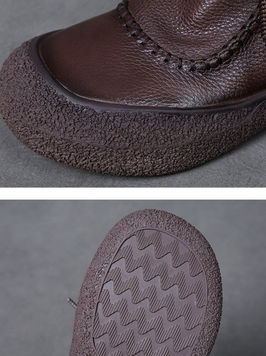 Retro Genuine Leather Spliced Strap Flat Boots