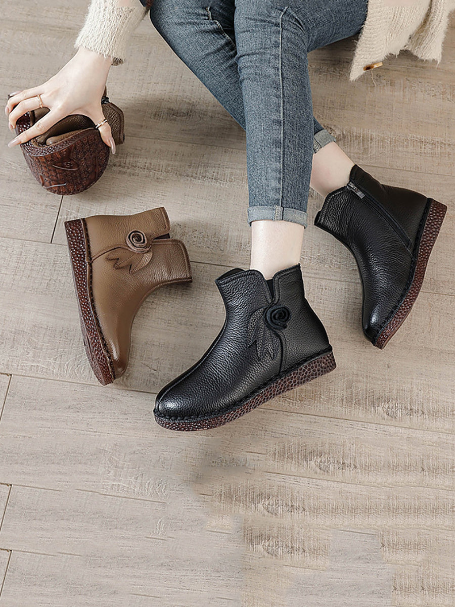 Vintage Genuine Leather Flower Flat Ankle Boots