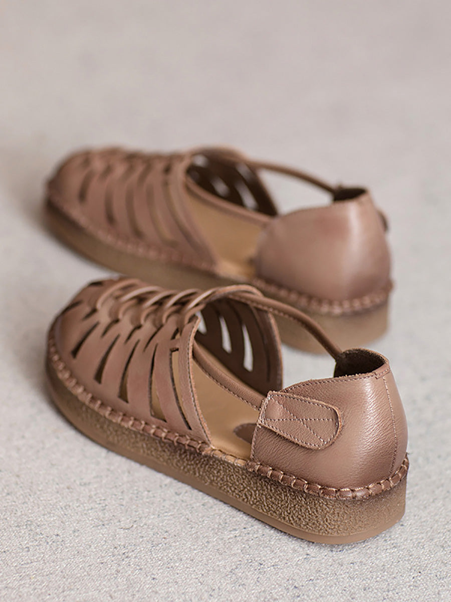 Leather Sandals Heel Low Weave