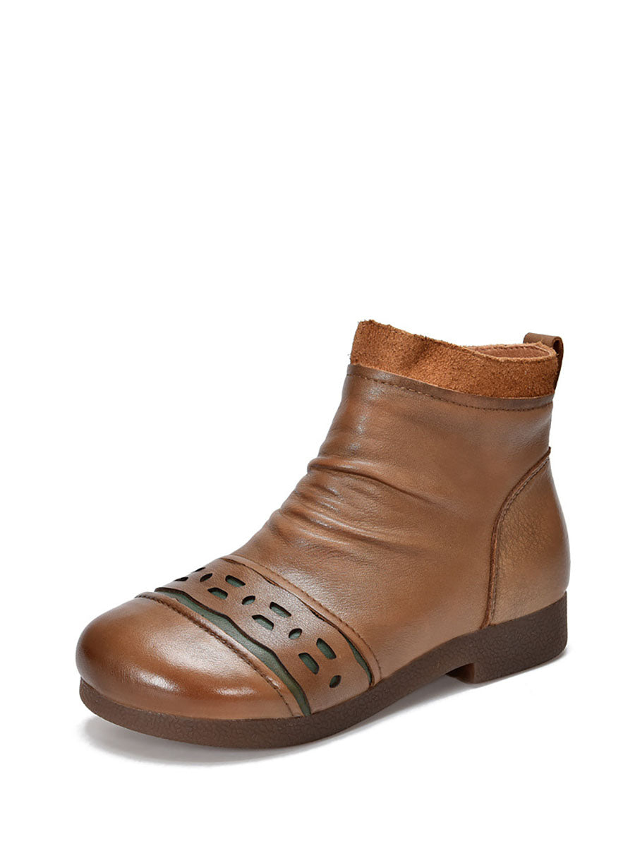 Vintage Leather Spliced Low Heel Ankle Boots