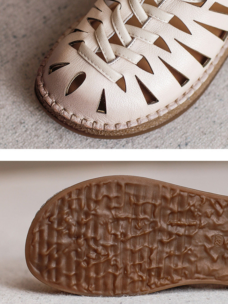 Leather Sandals Heel Low Weave
