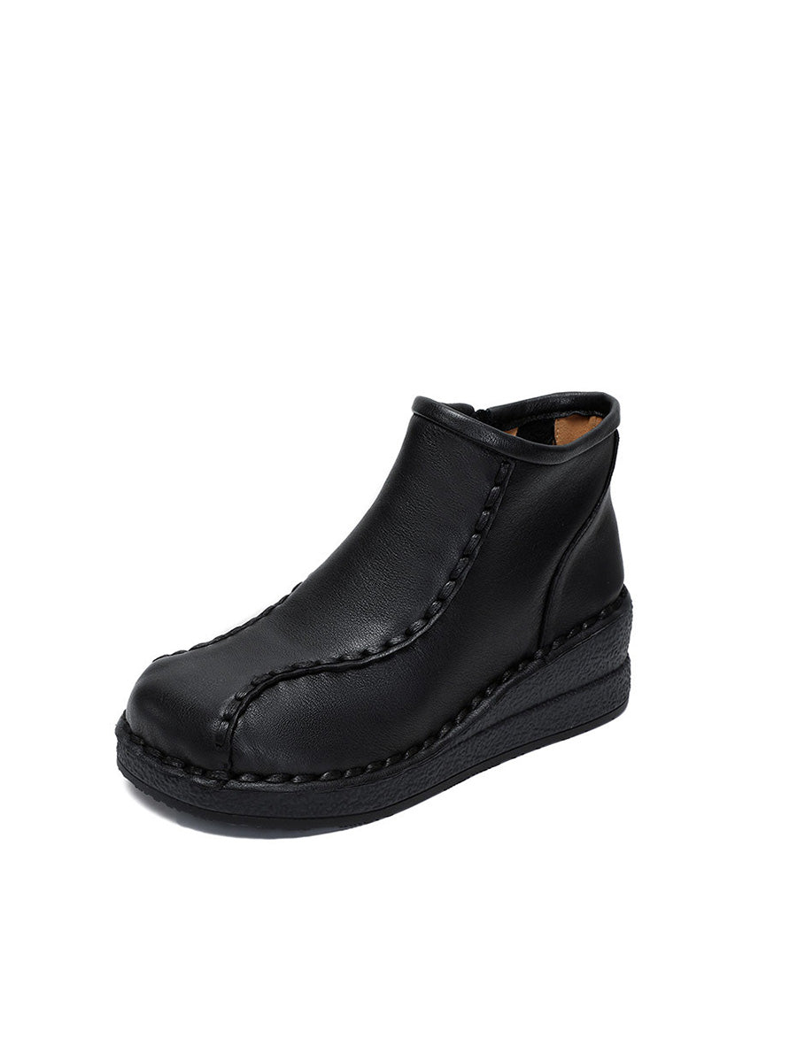 Retro Soft Leather Spliced Fleece-lined Mid-Heel Boots