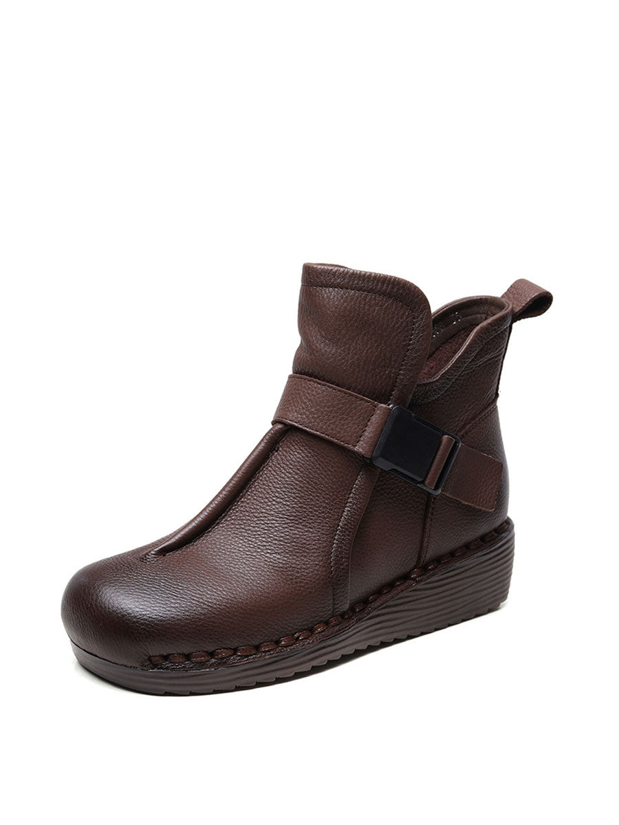 Retro Leather Spliced Mid Heel Ankle Boots