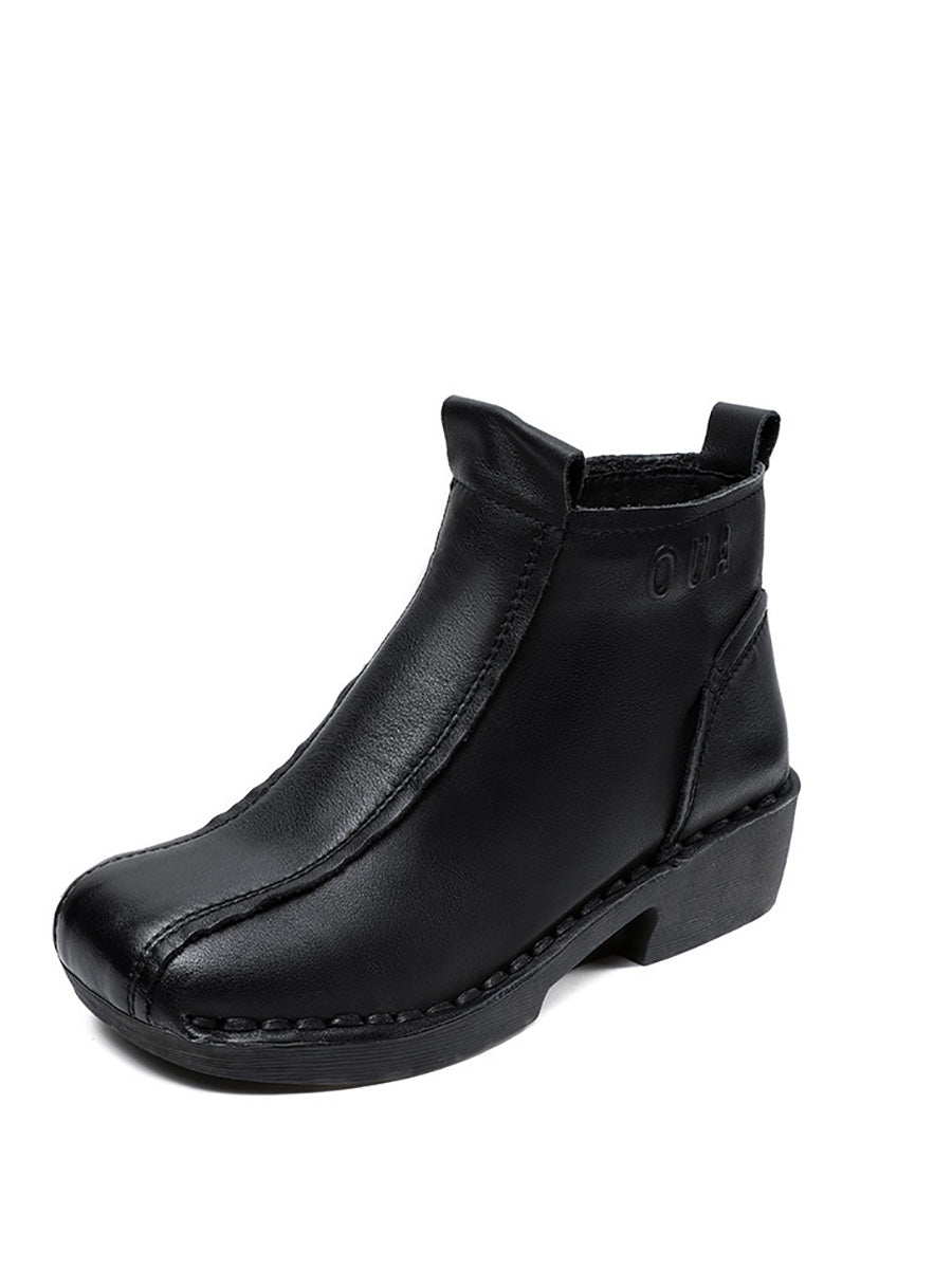 Autumn Genuine Leather Spliced Mid-Heel Boots