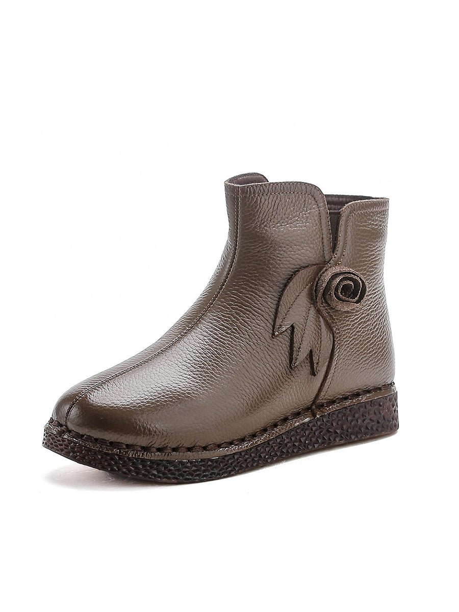Vintage Genuine Leather Flower Flat Ankle Boots