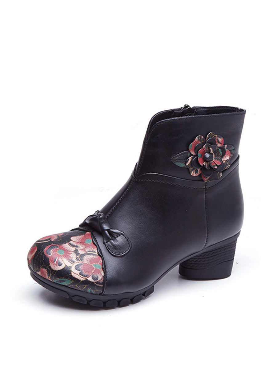 Ethnic Autumn Flower Spliced Leather Mid-Heel Boots