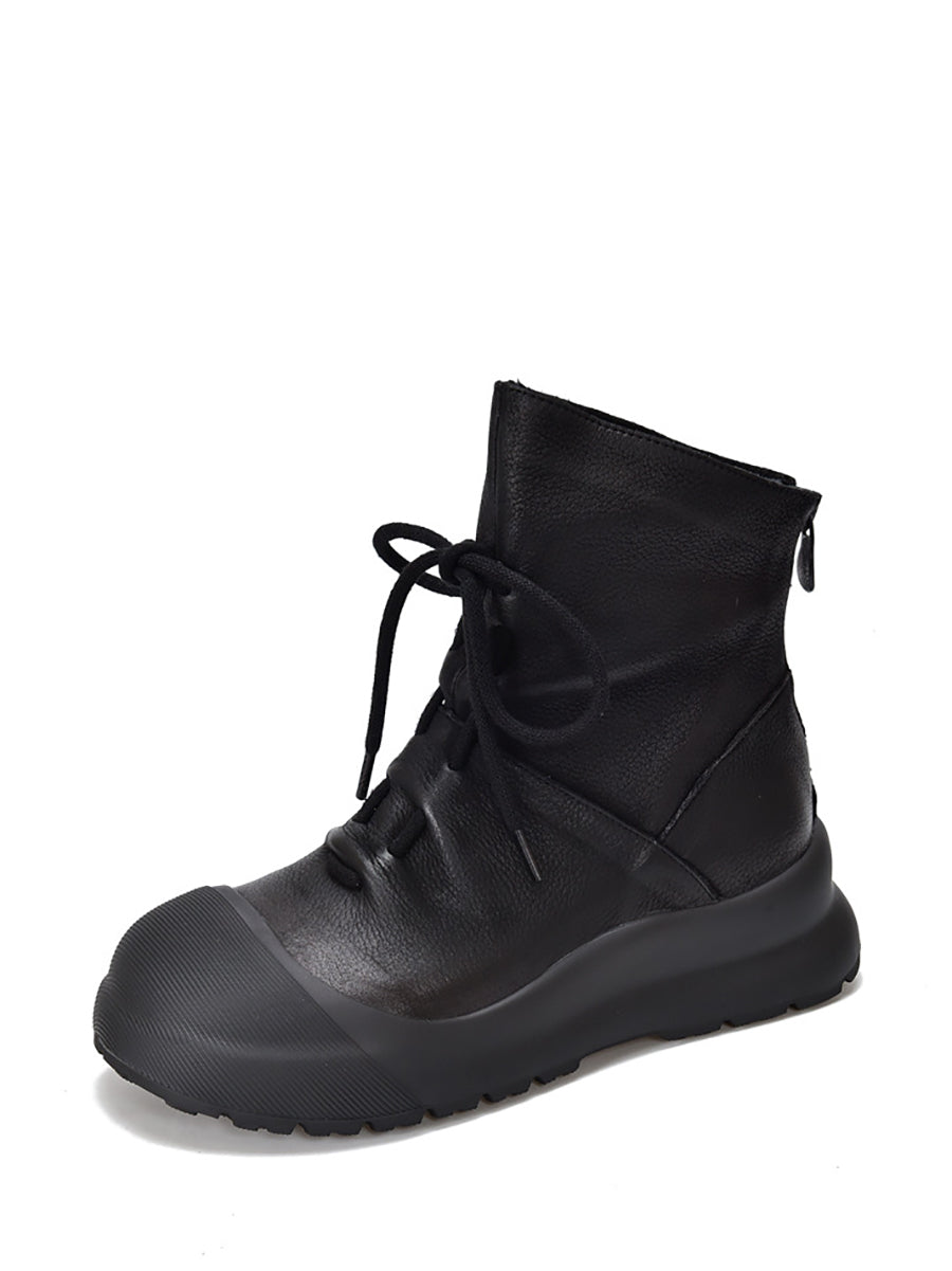 Genuine Leather Mid-Heel Martin Boots