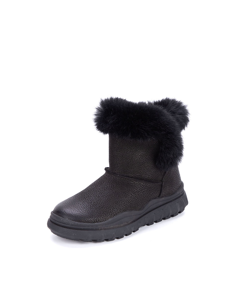 Solid Leather Plush Spliced Winter Boots