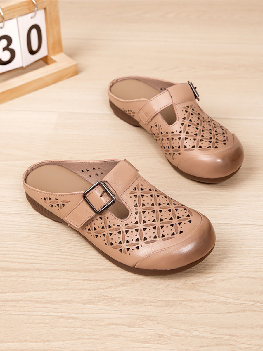 Heel Hollow Out Genuine Low Leather Shoes Vintage