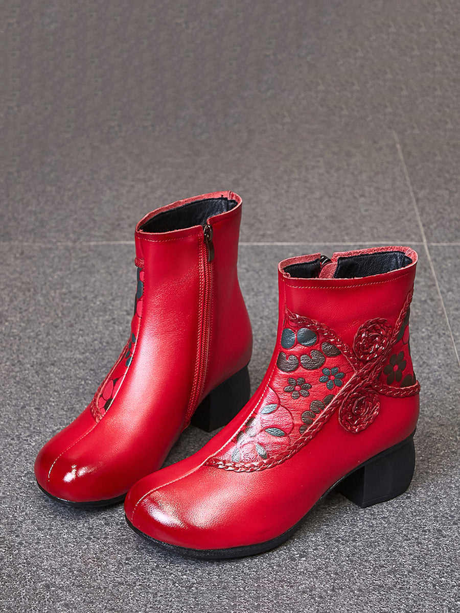 Ethnic Winter Flower Spliced Leather Mid-Heel Boots