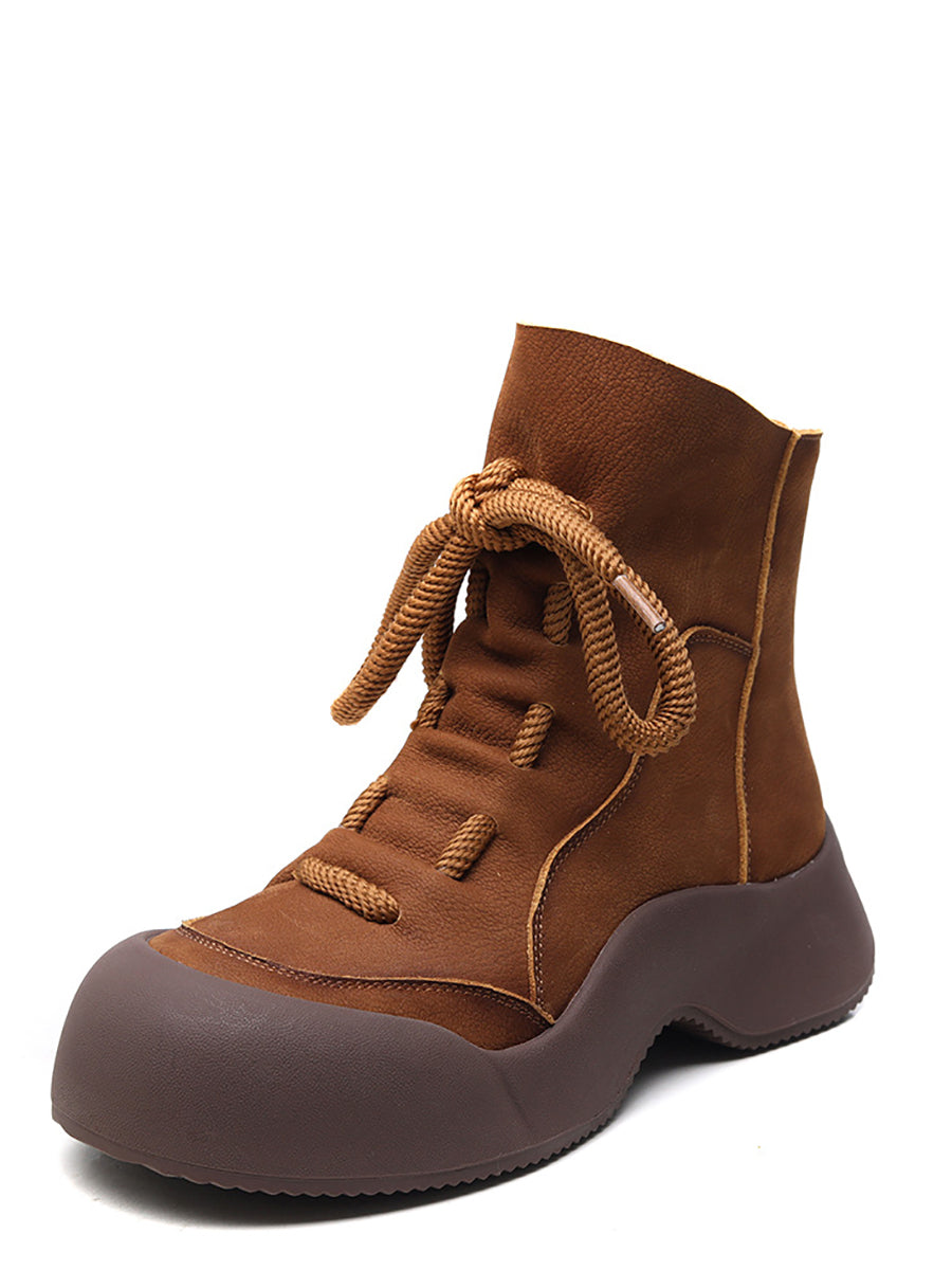 Winter Vintage Soft Leather Spliced Platform Boots