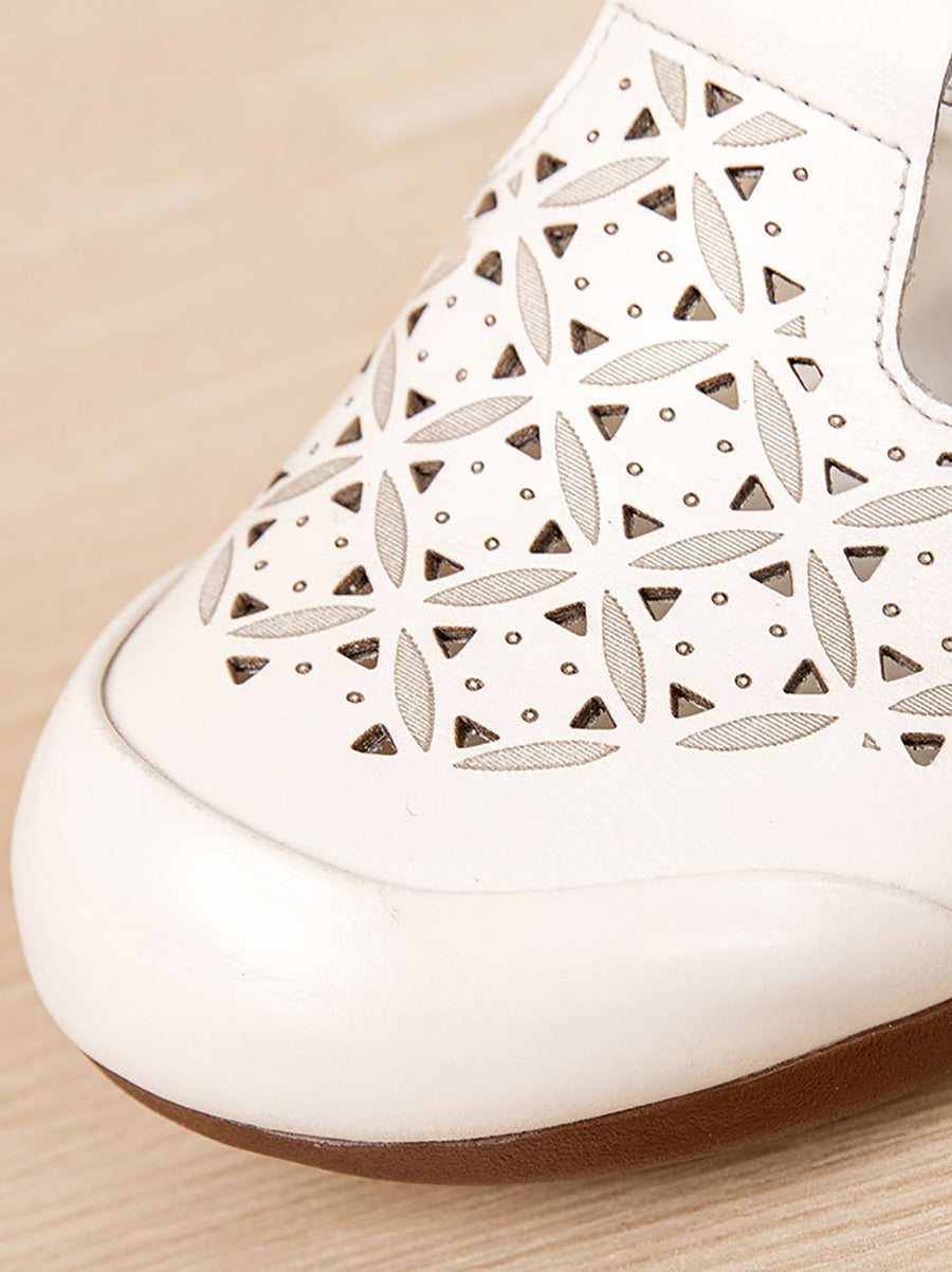Heel Hollow Out Genuine Low Leather Shoes Vintage