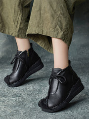 Vintage Genuine Leather Spliced Strap Mid-Heel Boots
