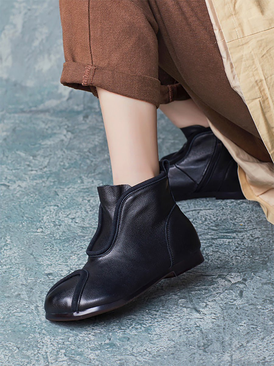 Genuine Leather Spliced Solid Low Heel Ankle Boots