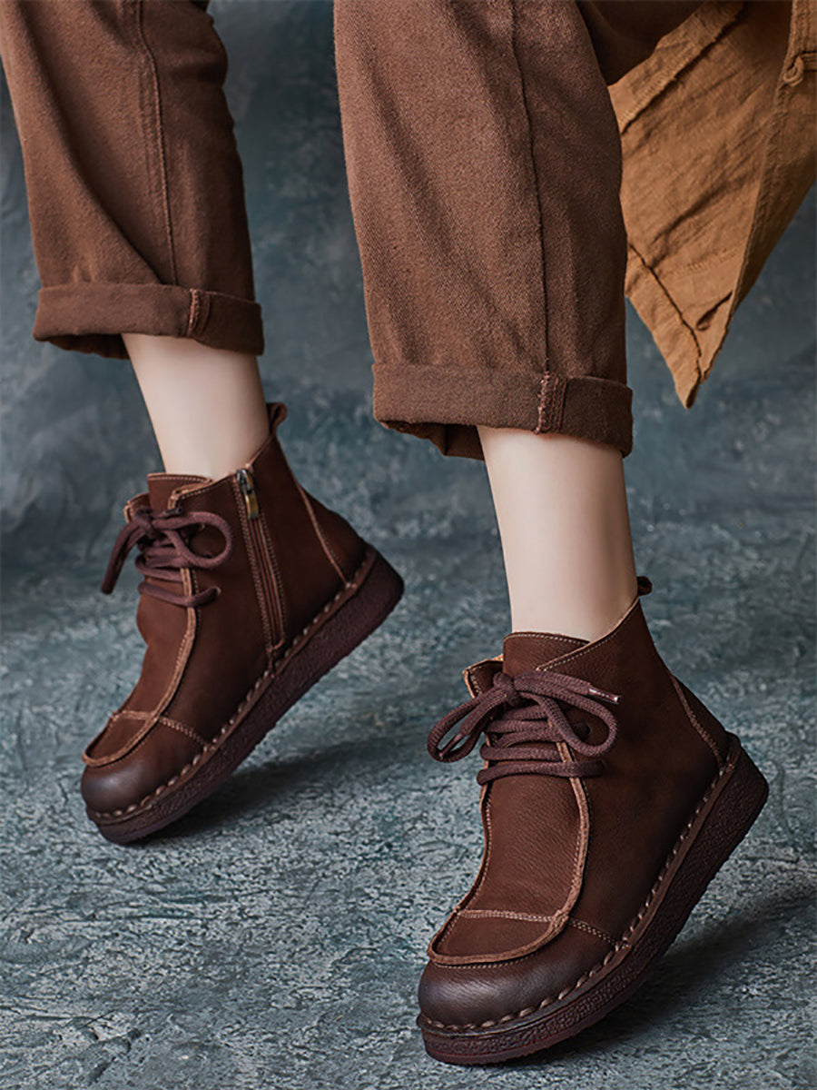 Winter Retro Leather Spliced Flat Boots