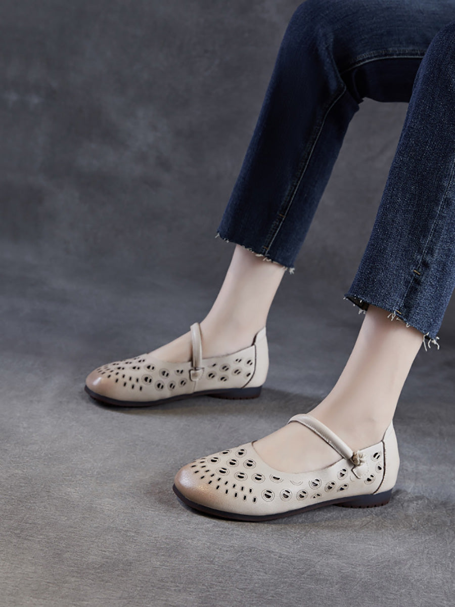 Genuine Shoes Hollow Out Heel Low Leather
