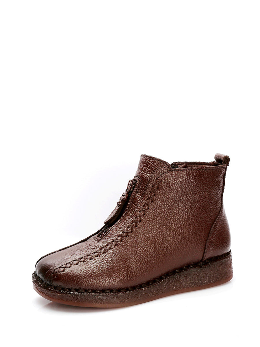 Winter Vintage Leather Fleece-lined Low Heel Boots