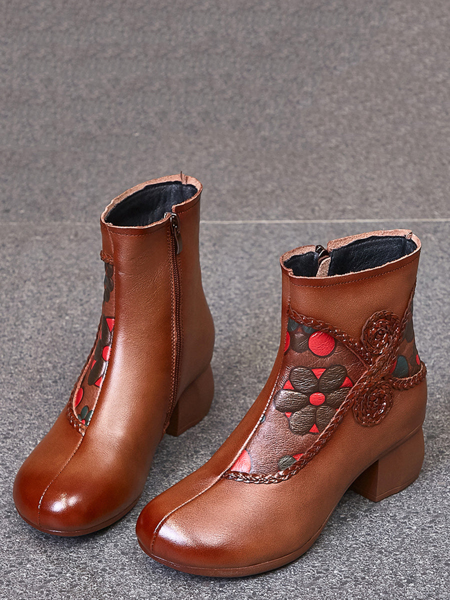 Ethnic Winter Flower Spliced Leather Mid-Heel Boots