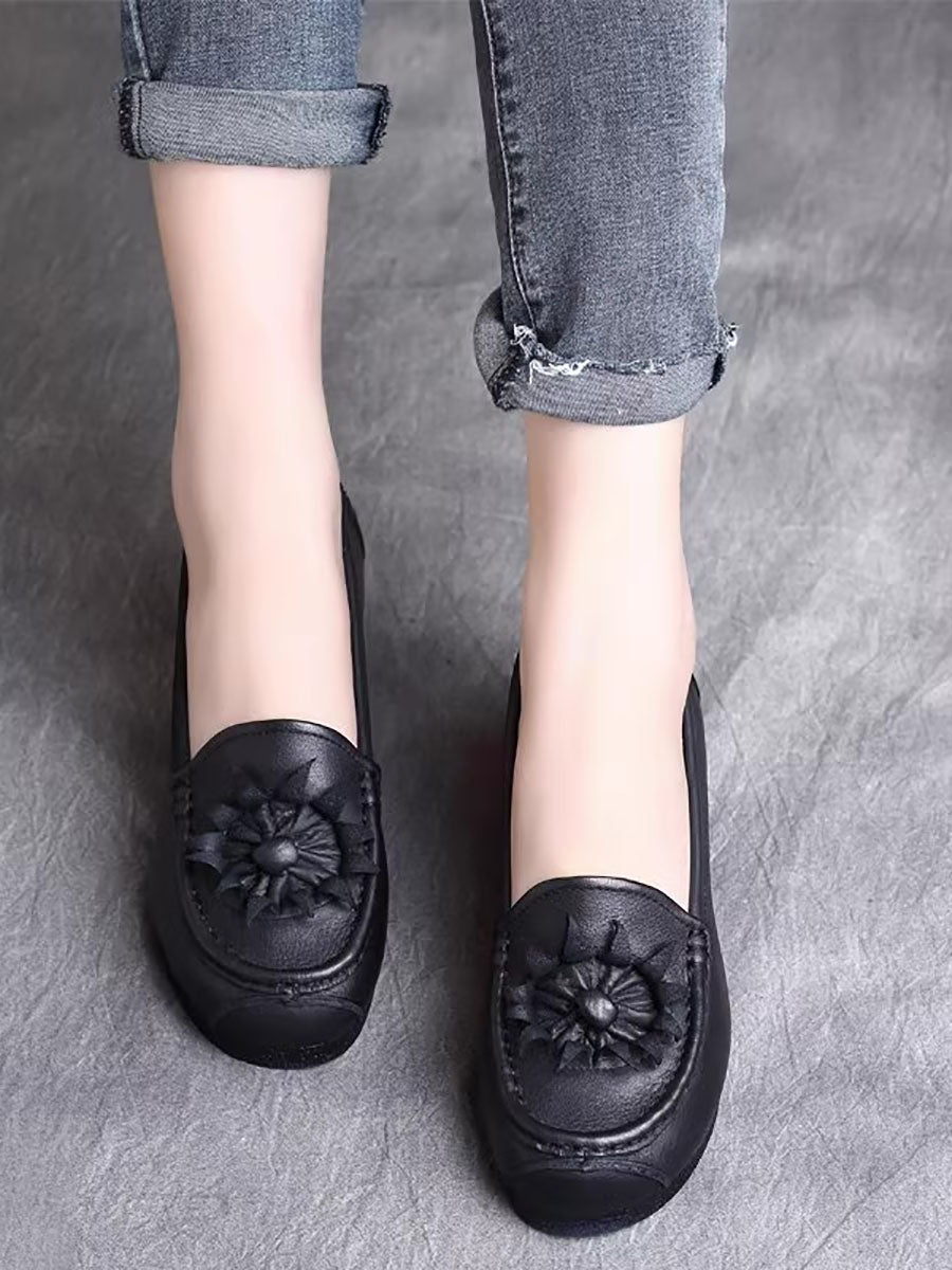 Vintage Flower Genuine Leather Low Heel Shoes