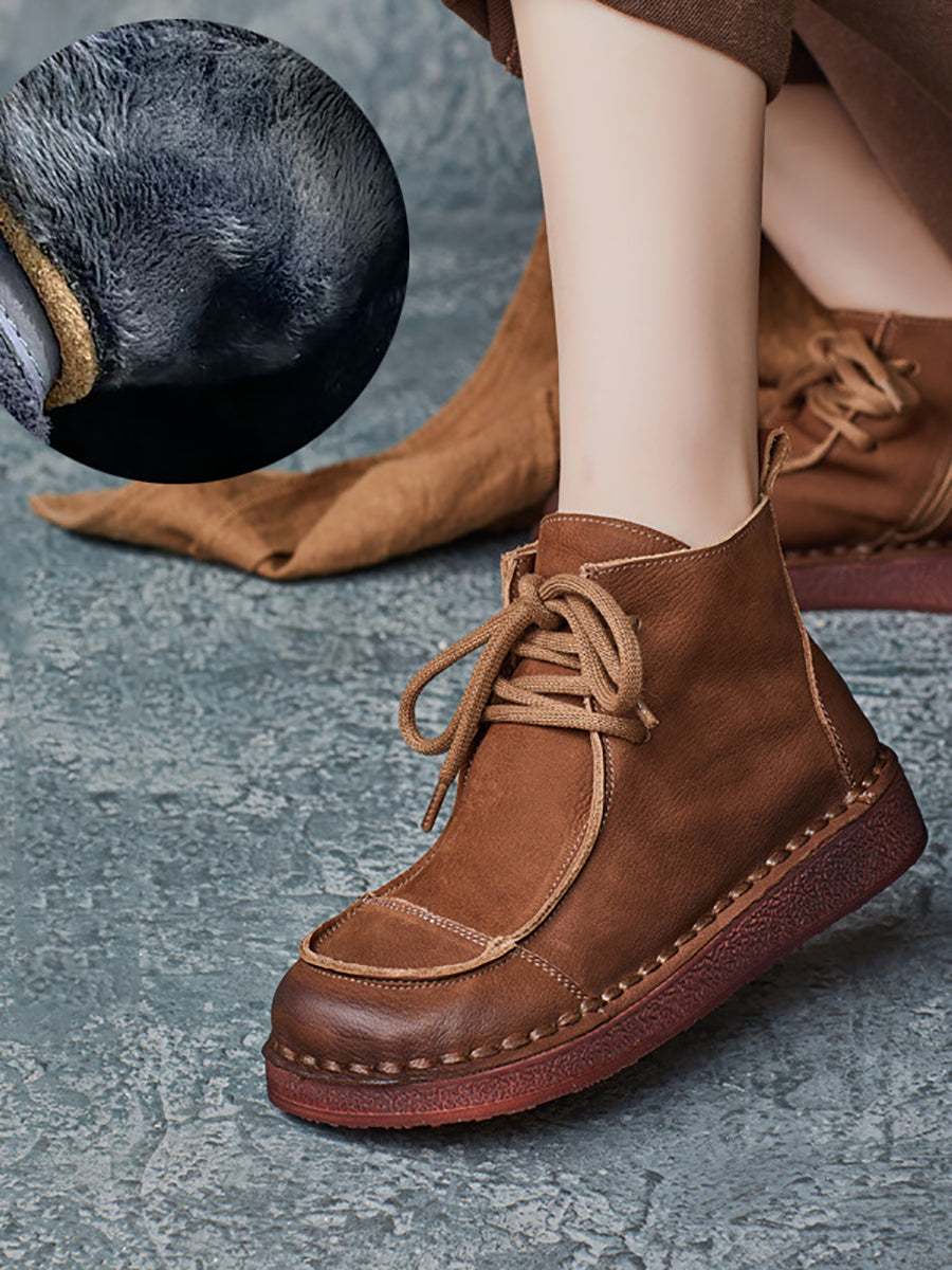 Winter Retro Leather Spliced Flat Boots