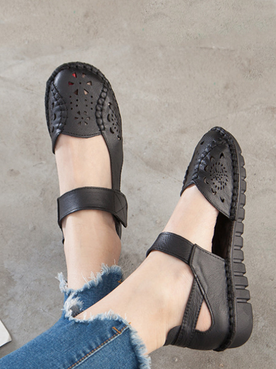 Leather Cutout Solid Low-Heel Sandals