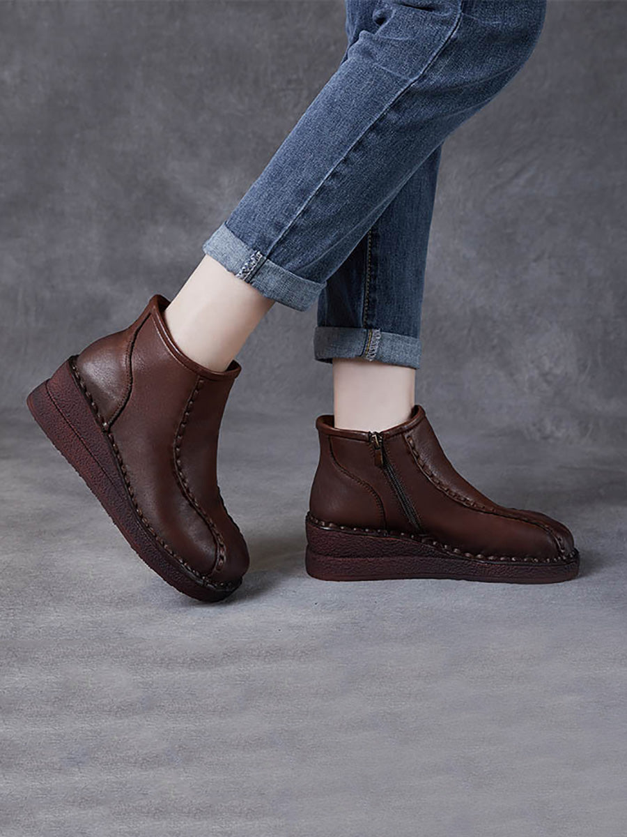Retro Soft Leather Spliced Fleece-lined Mid-Heel Boots