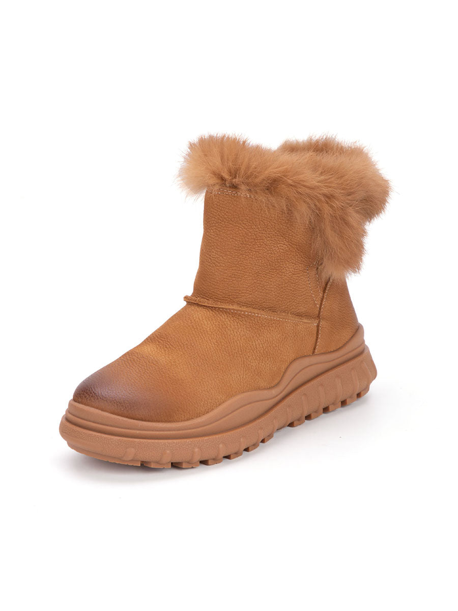 Solid Leather Plush Spliced Winter Boots