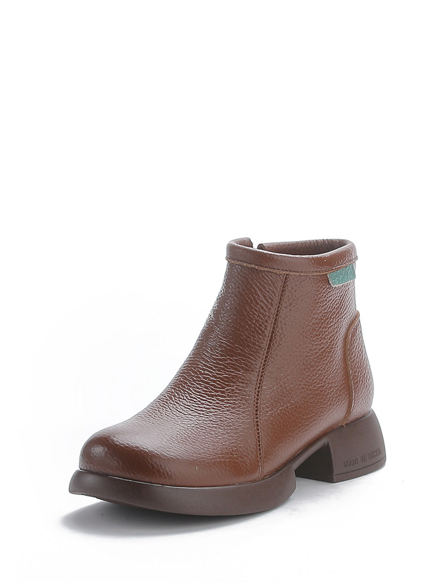 Vintage Commute Leather Zipper Mid-Heel Boots
