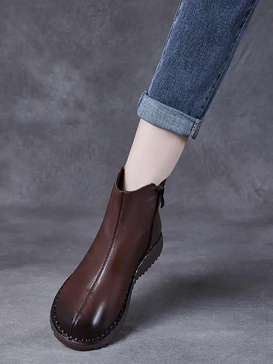 Retro Genuine Leather Zippper Mid-Heel Boots