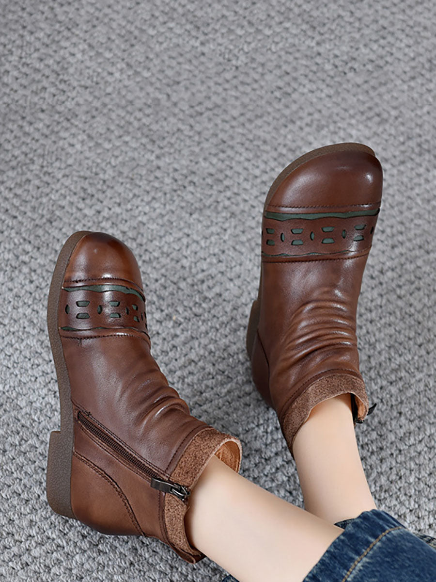 Vintage Leather Spliced Low Heel Ankle Boots