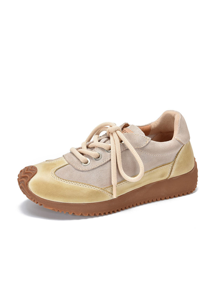 Casual Leather Colorblock Strap Mid Heel Sport Shoes