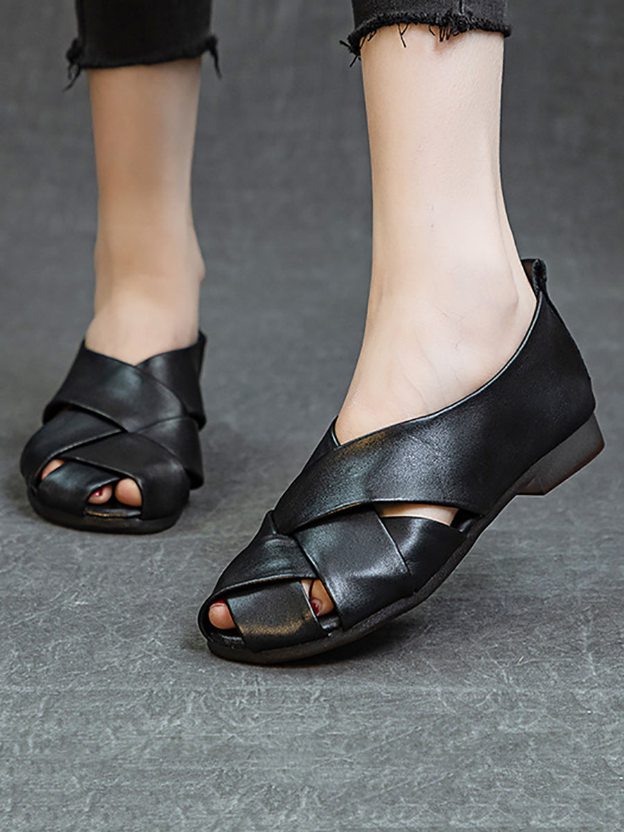 Soft Leather Spliced Low-Heel Shoes
