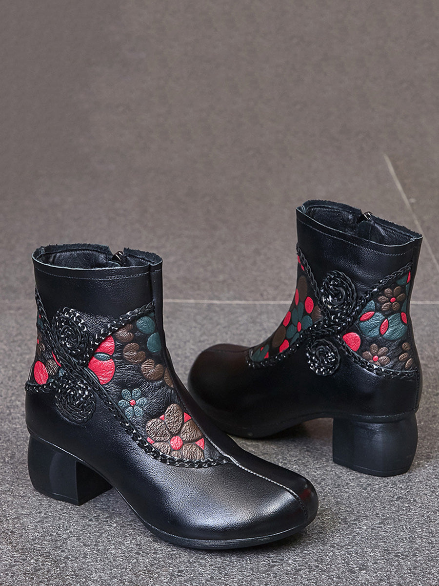 Ethnic Winter Flower Spliced Leather Mid-Heel Boots