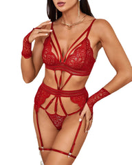 Babydoll de encaje con cuello halter, espalda descubierta, tanga y guantes