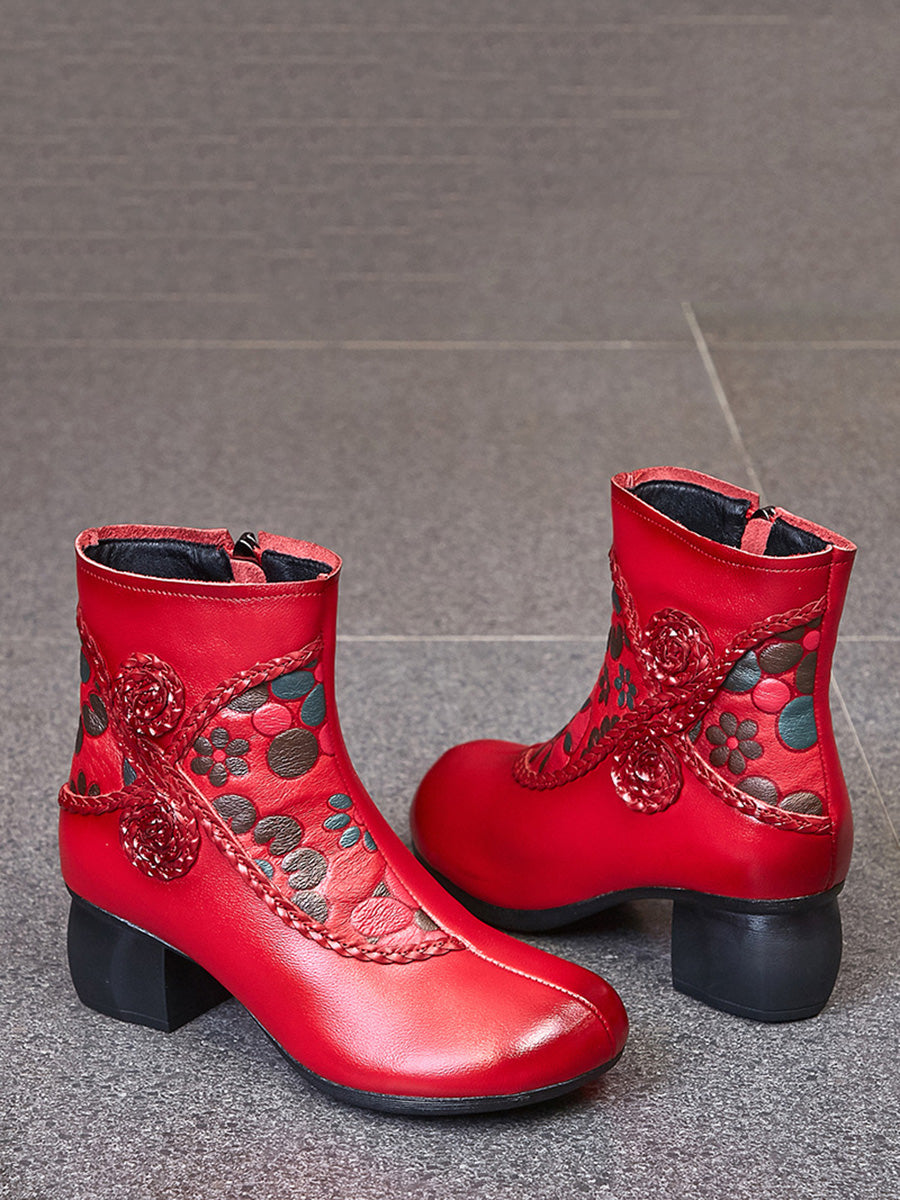 Ethnic Winter Flower Spliced Leather Mid-Heel Boots