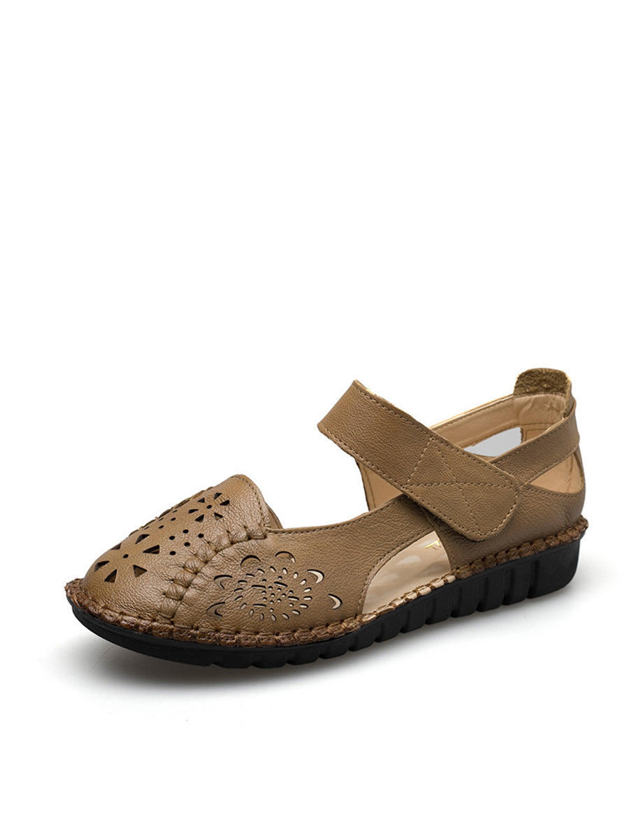 Leather Cutout Solid Low-Heel Sandals