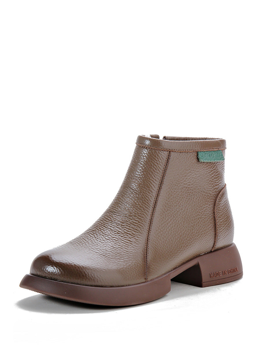 Vintage Commute Leather Zipper Mid-Heel Boots
