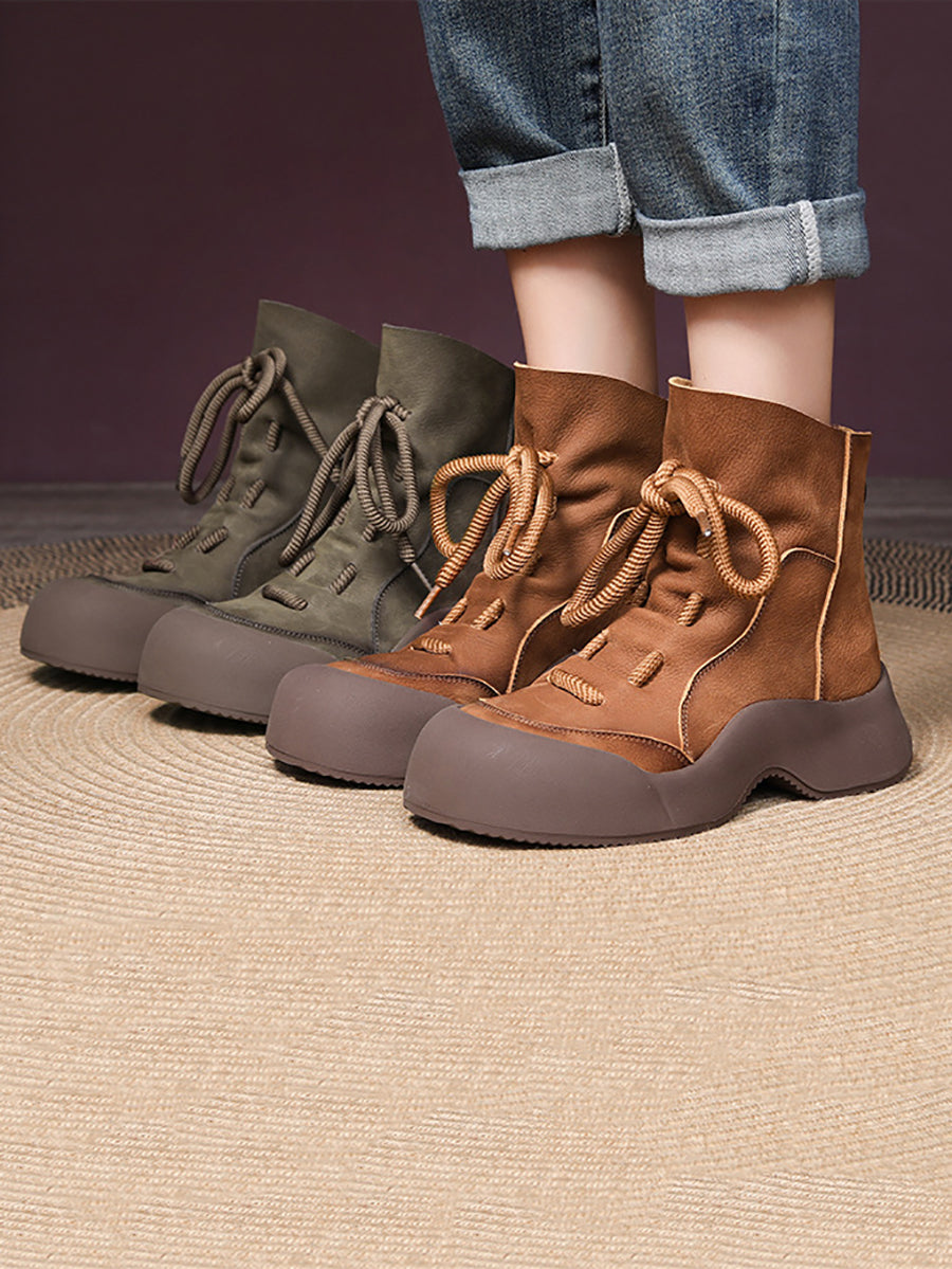 Winter Vintage Soft Leather Spliced Platform Boots
