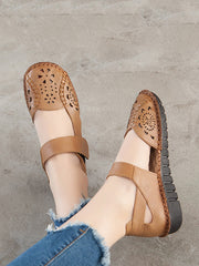 Leather Cutout Solid Low-Heel Sandals