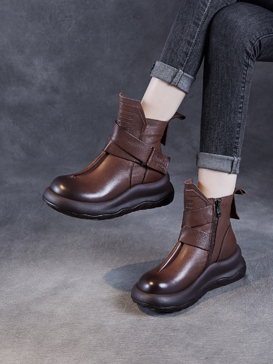 Vintage Genuine Leather Spliced Platform Ankle Boots