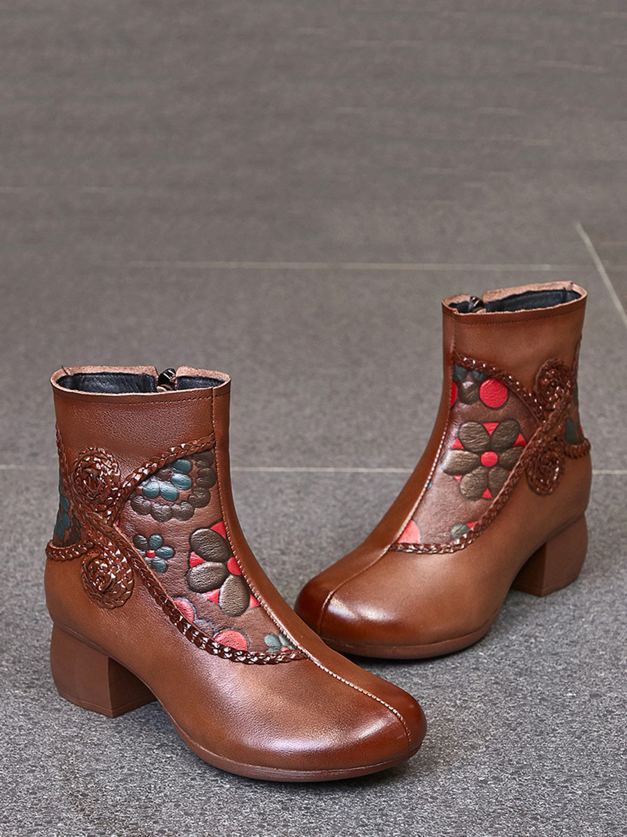 Ethnic Winter Flower Spliced Leather Mid-Heel Boots