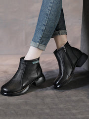 Vintage Commute Leather Zipper Mid-Heel Boots